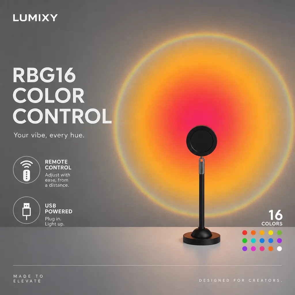 16-Color Sunset Lamp Projector, Remote-Controlled 360° Rotatable RGB LED Rainbow Light with HD Crystal Lens, Professional Photographic Lighting for Selfie Vlog, Essential for TikTok Content Creators