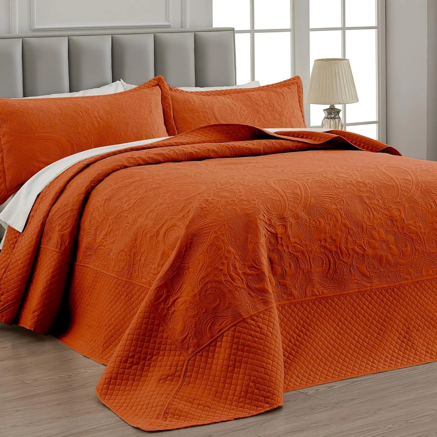 Alaska King Bedspread 132x 120, Burnt Orange Oversized King Bedspread, 3 Piece Soft Microfiber Lightweight Oversized King Quilts Extra Width, Quilting Paisley Pattern, Orange