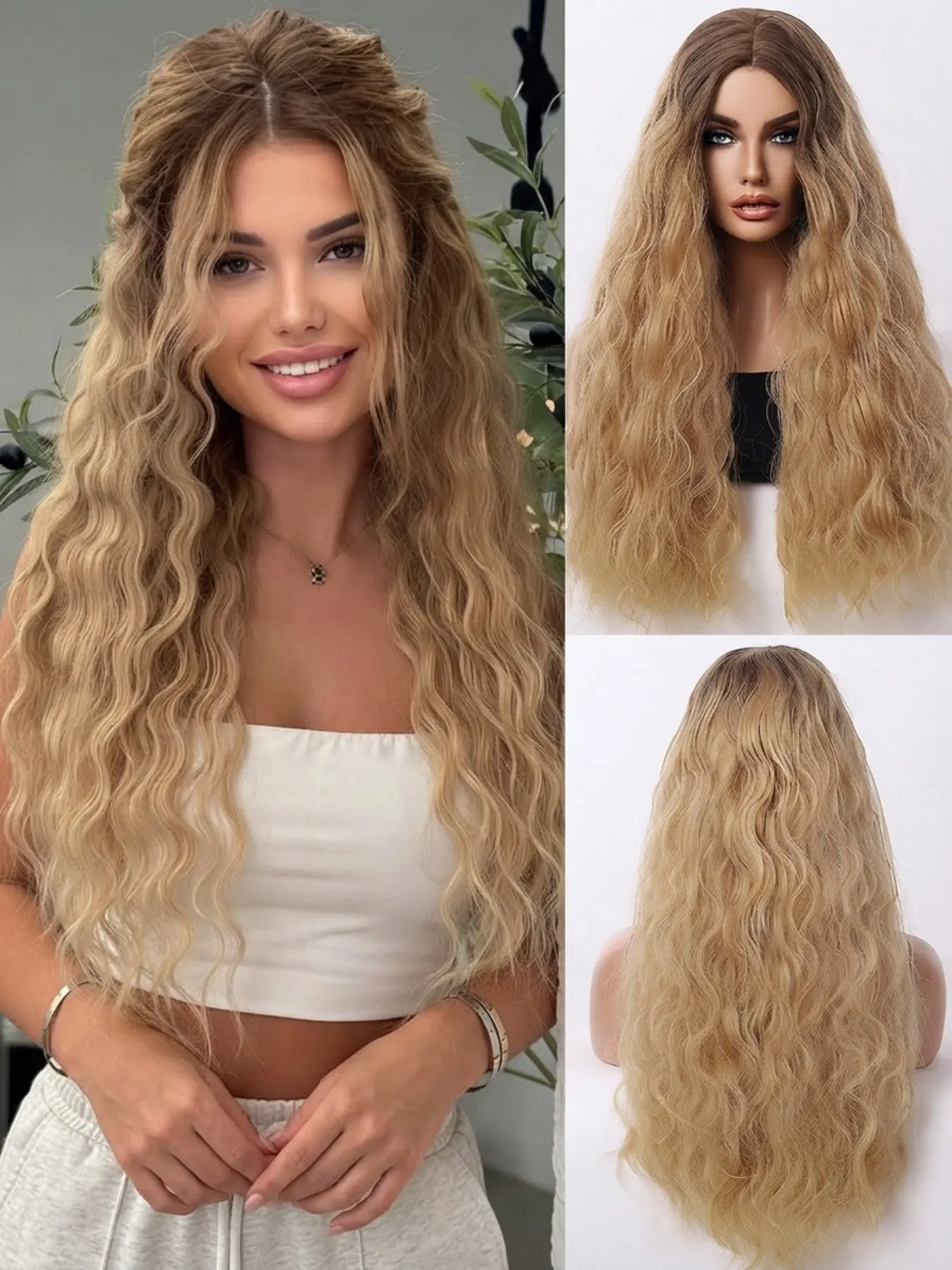 Golden Blonde Long Deep Water Wave Wig For Women, Natural Looking Middle Part Wavy Synthetic Hair Wig With Soft Matte Fiber, Lightweight Breathable Cap, Realistic Bouncy Beach Wave Texture, Full Volume Long Hairpiece For Daily Wear, Party, Wedding, Photos
