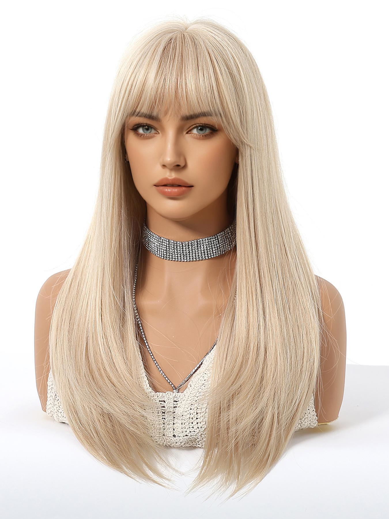 22 Inch Long Straight Wigs for Women, Gorgeous Fluffy Wigs with Bangs, Synthetic Full Machine Wigs for Party, Daily Use, Synthetic Hair Wigs
