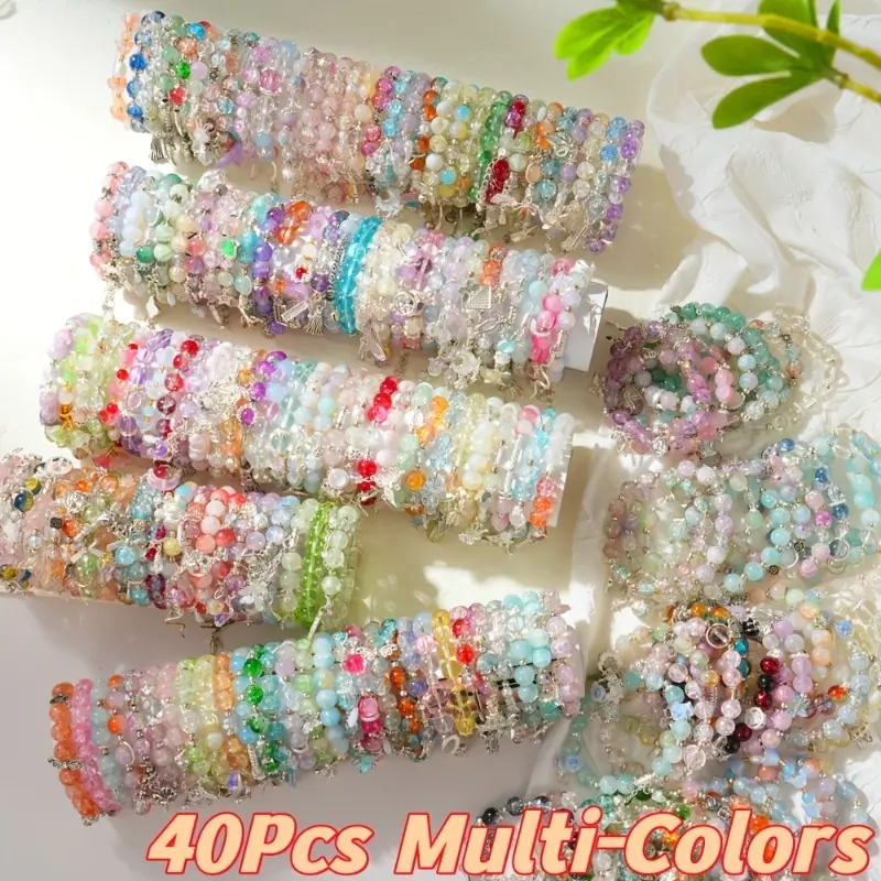 Bohemian Glass Beaded Bracelets, 40Pcs Multi-Color Set with Butterfly Charms - Handcrafted Unisex Jewelry for Music Festivals & Daily Wear, Handmade Beads, Casual Boho, Accessories, Whimsical, Funky Unique Accessories, Charm Bracelets, Whimsical Jewelry,,