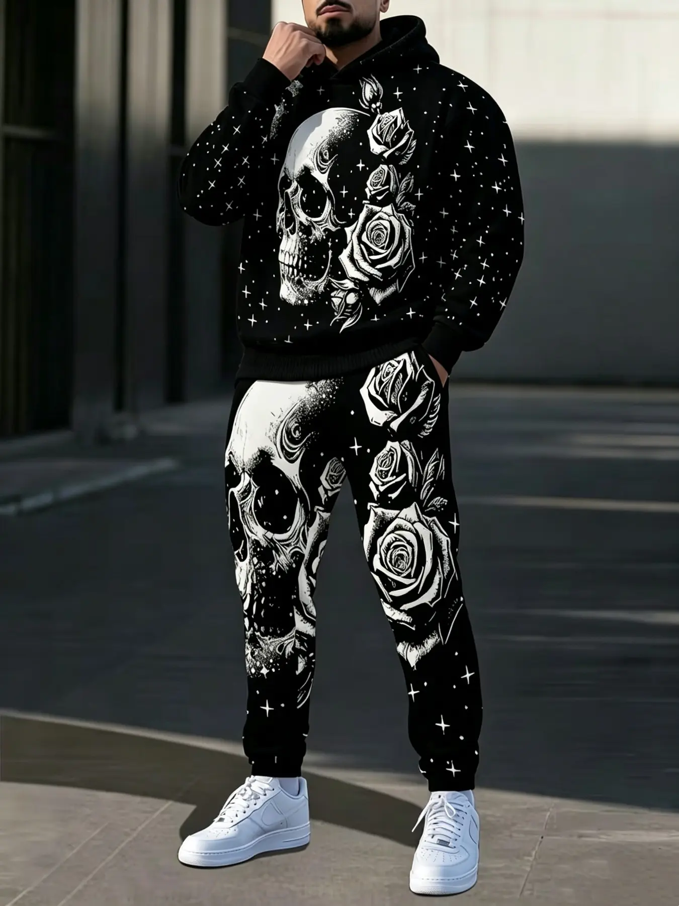 Gothic Skull Rose Star Print Two-Piece Set, Loose-Fit Hoodie and Pants, Men's Streetwear, All Seasons, Casual Style