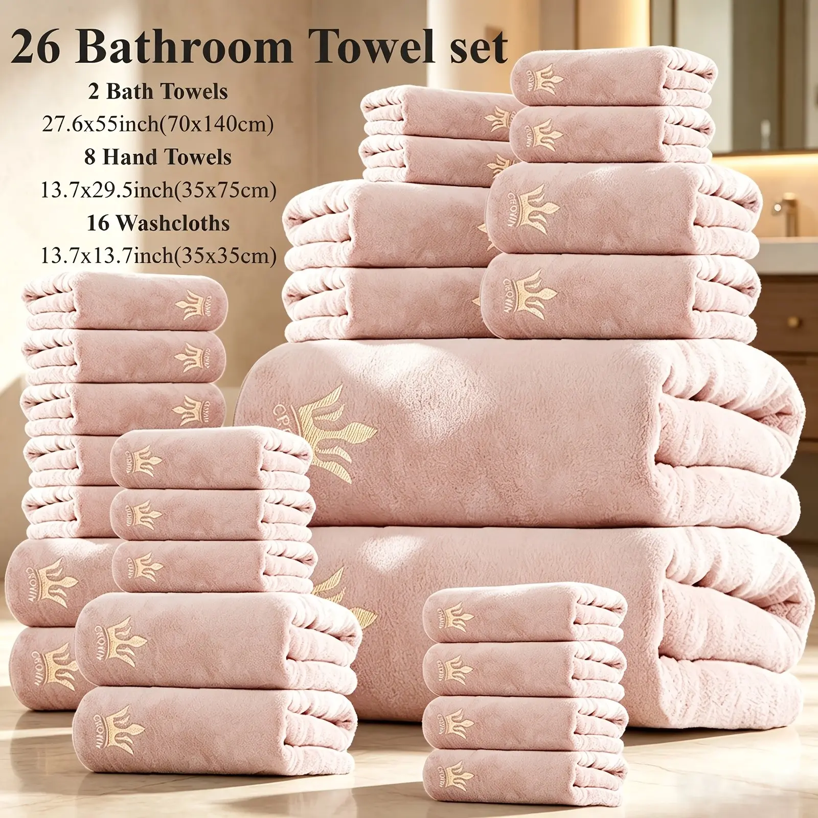 26pcs Luxury Crown Bulk Towel Set - Bulk Wholesale Suitable for Home & Hotel Use, 26pcs Bath Towels with 2 Bath Towels, 8 Hand Towels & 16 Washcloths, Soft Absorbent Spa Grade Shower S, Crown Embellished for Bathing and Swimming