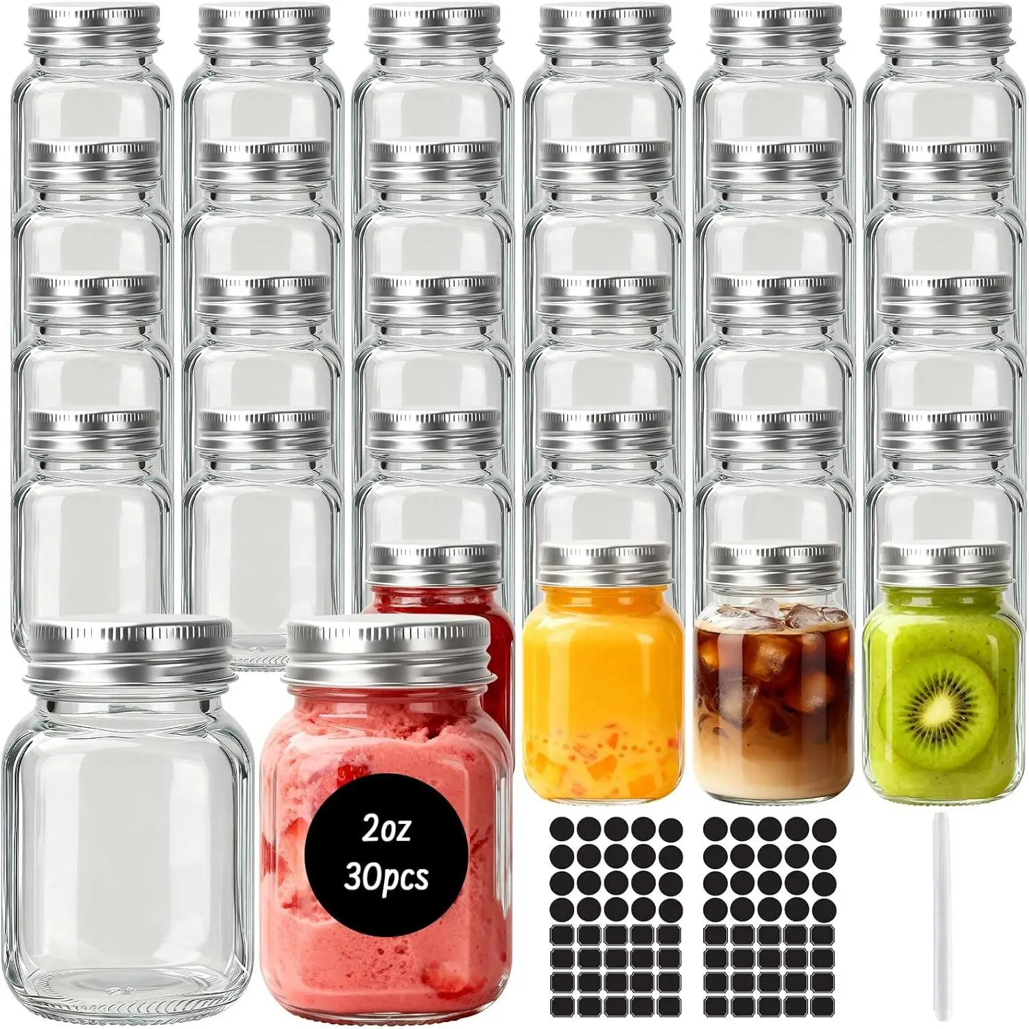 Mini Glass Mason Jars with Silver Lids, 30 Pack, 2 fl oz Capacity for Spices, DIY Crafts, and Wedding Decor, Craft, 2 Fluid Ounces