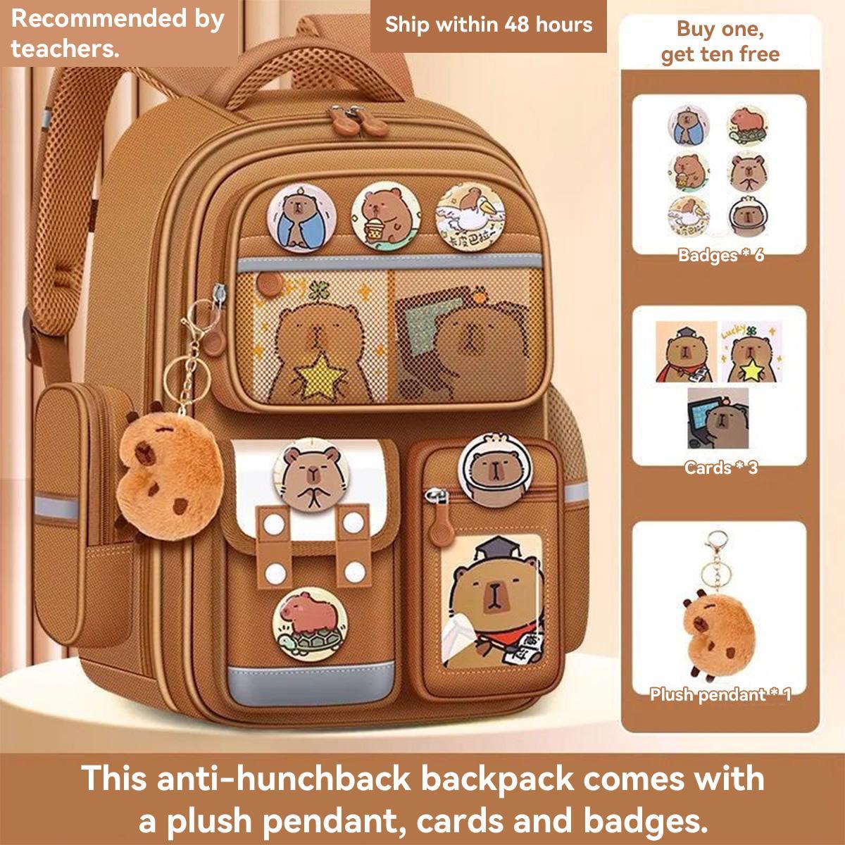 Cartoon Bear Pattern Backpack, 1 Count Large Capacity Waterproof with 6 Counts Badge & 3 Counts Cards & 1 Count Plush Pendant, Cute Versatile Backpack, Wear-resistant and Dirt-resistant Backpack for Students