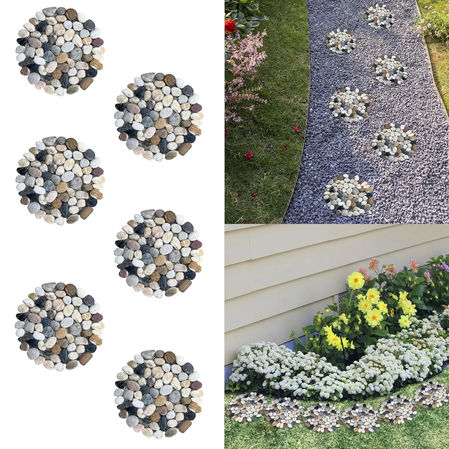 6-Count 9x9 in Polished River Rock Stepping Stones Set Pack, Slip-Resistant Patio Tiles for Yard Pathways, Outdoor Landscaping Walkway Pavers