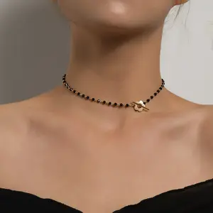 Dainty Faceted Black Crystal Bead Choker Hollow Flower OT Toggle Clasp Collar Necklace Gold For Women