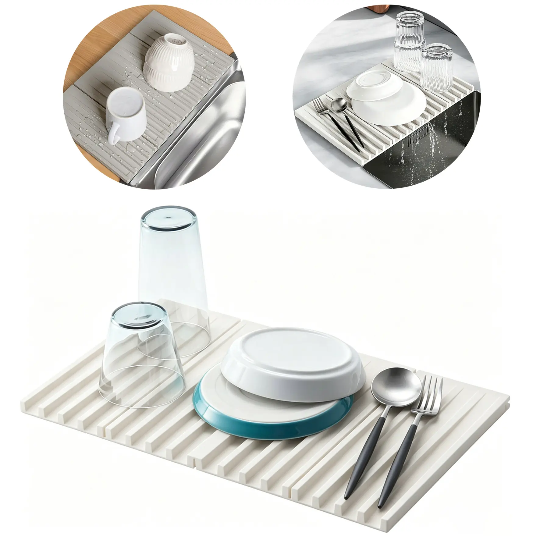 Foldable Food-Grade Silicone Dish Drying Mat, Sloped Quick Drainage Non-Slip Heat Resistant Kitchen Counter Drain Pad, Multifunctional Trivet for Tableware, Cookware & Bathroom Use,White & Gray 2 Colors