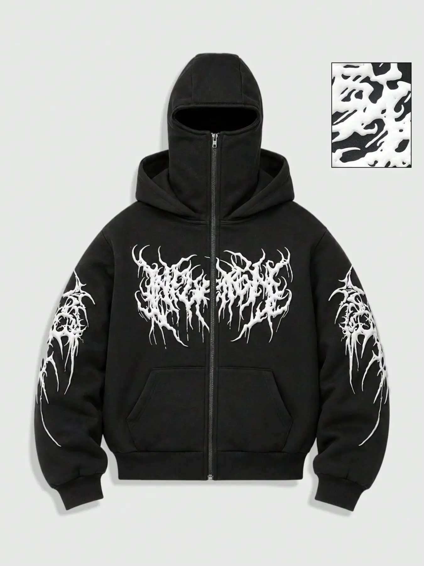 Unisex Balaclava Ninja Zip Up Hoodie, 3D Puff Print Black Metal Gothic Letter Face Mask Jacket, Warm Streetwear Hoodie for Skateboarding, Music Festivals & Daily Outfits