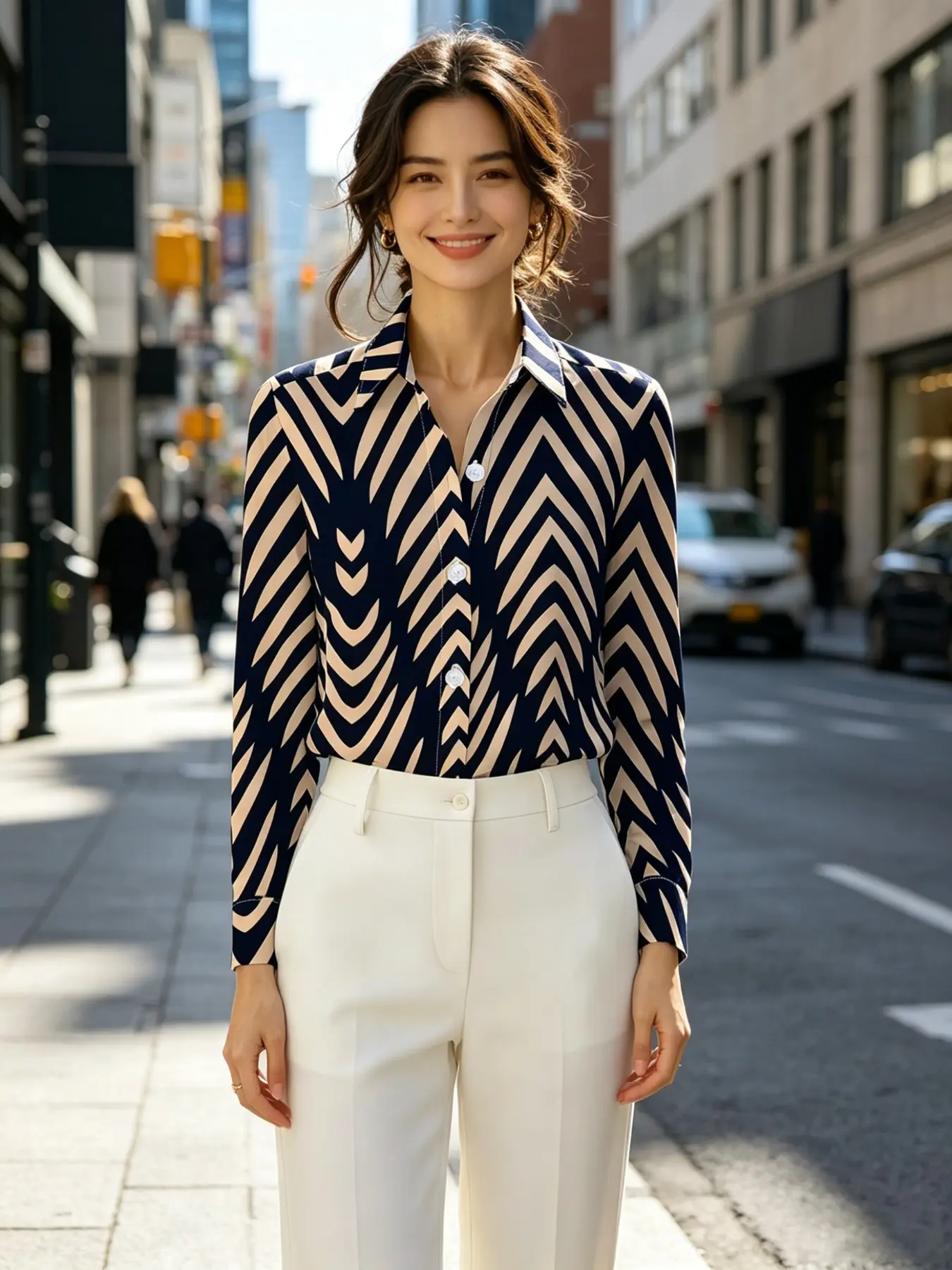 2026 New Women's Navy Bare Color Herringbone Satin Blouse, Vintage V-Neck Arrow Geometric Stripe Collar Casual Commuter Long Sleeve Shirt Tops