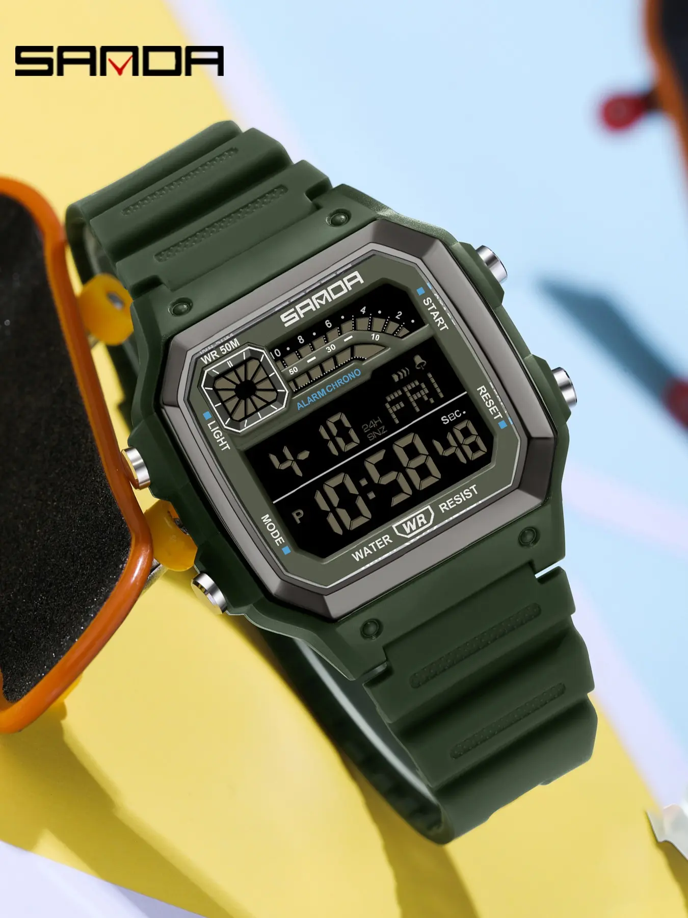 Sanda Multifunctional Luminous Waterproof Sports Watch, Ultra Thin Square Design, Dual Time Countdown, Stopwatch, Snooze, Hourly Chime, Alarm