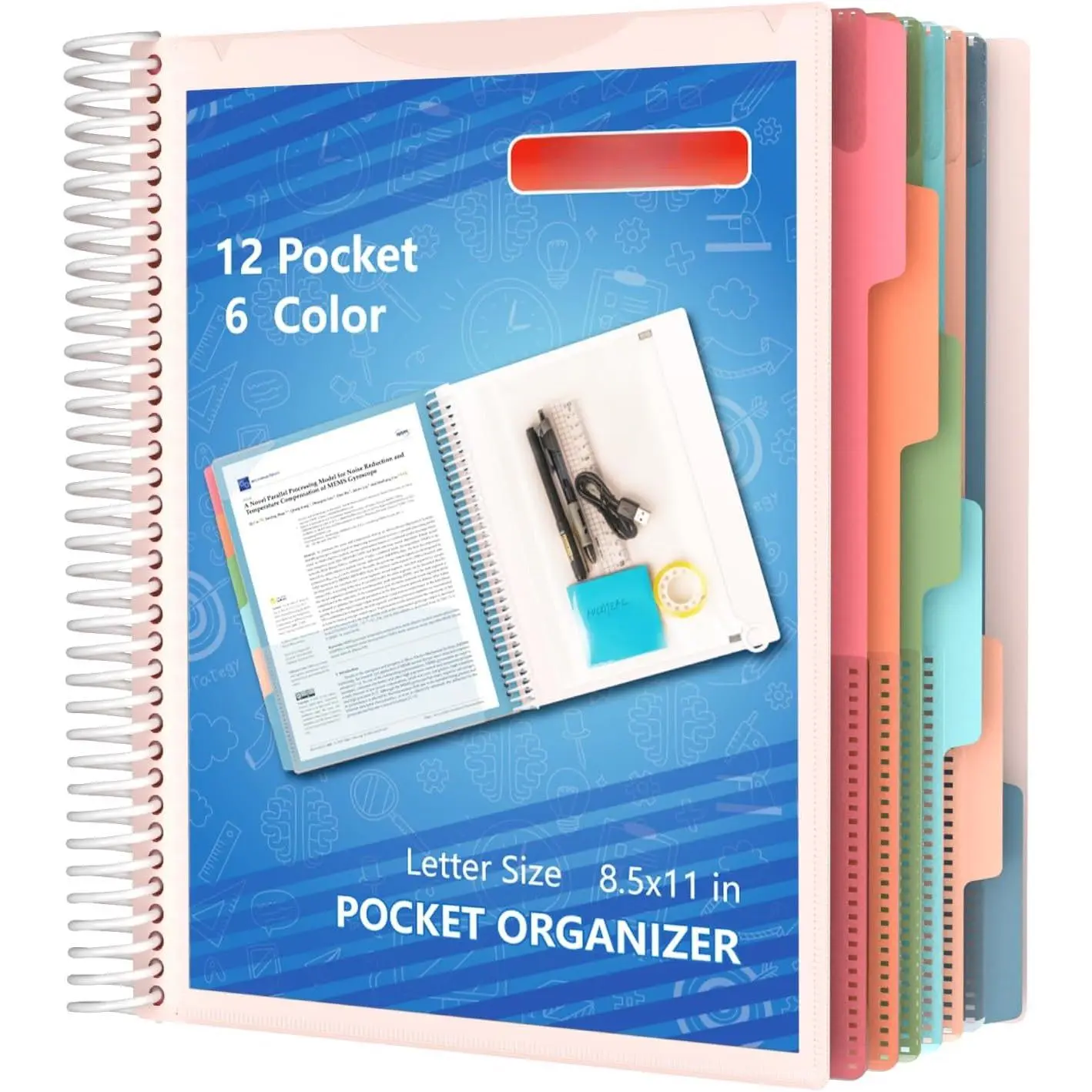 12 Pocket Project Organizer, 6 Color Letter Size Spiral Multi Pocket Folder Organizer, 1/6-cut Tab Poly File Organizer Binder with Dividers,Multi-Subject Notebook Binder School Office Supplies