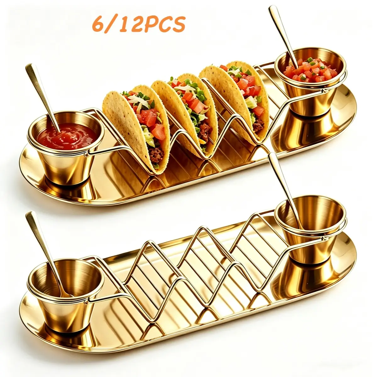 6/12pcs Luxurious Taco Accessories, Durable Stainless Steel Taco Holder Tray, Sauce Cup & Seasoning Spoon, Party Utensil, Cooking Accessories, Durable Kitchenware, Nice Gift Set