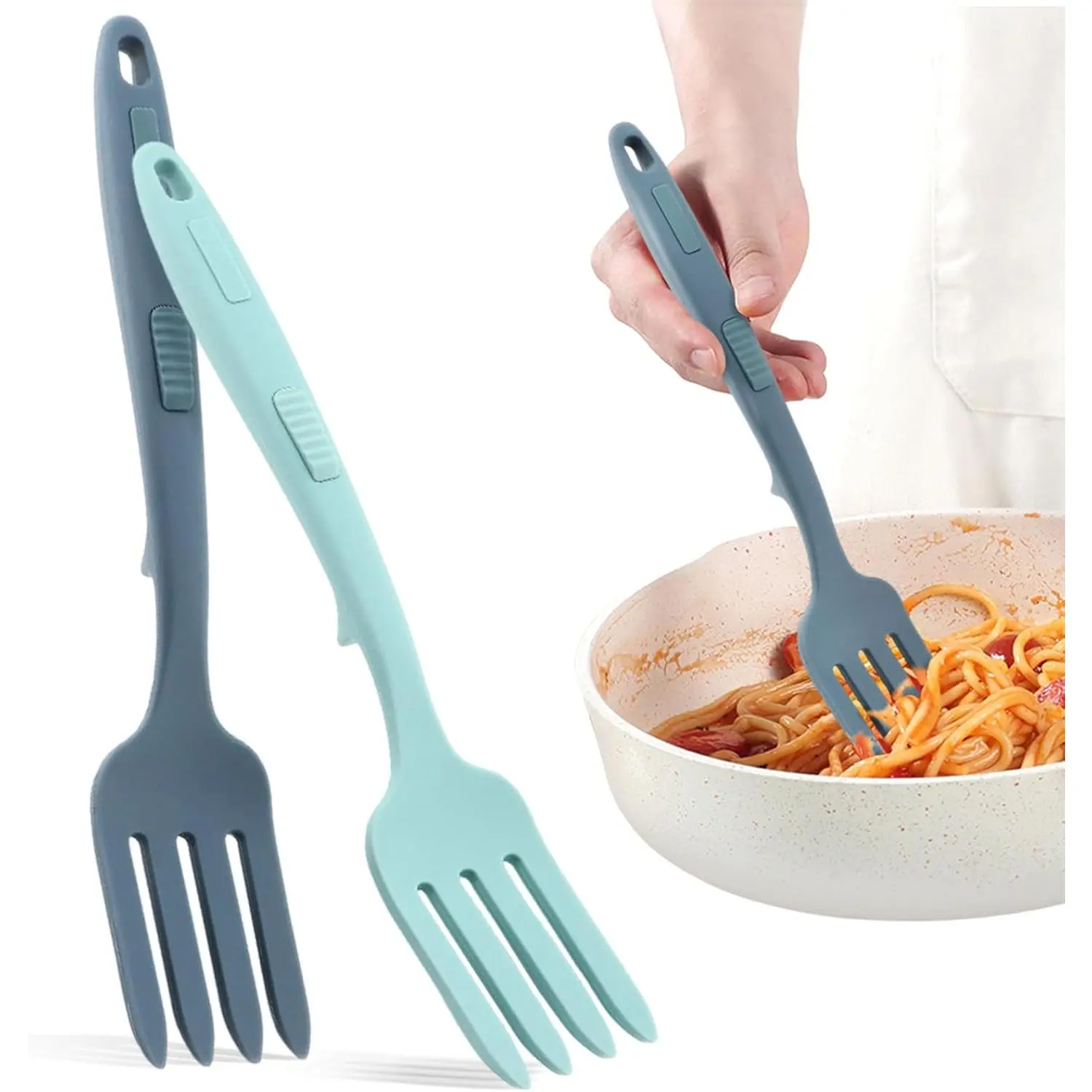 2 count  Flexible Forks, Non Stick Cooking Fork Multifunctional Spaghetti Fork Heat Resistan-t Baking For-k with  Hole, for Stir Mix Mash(COLOR:Lake Blue, Dark Blue)