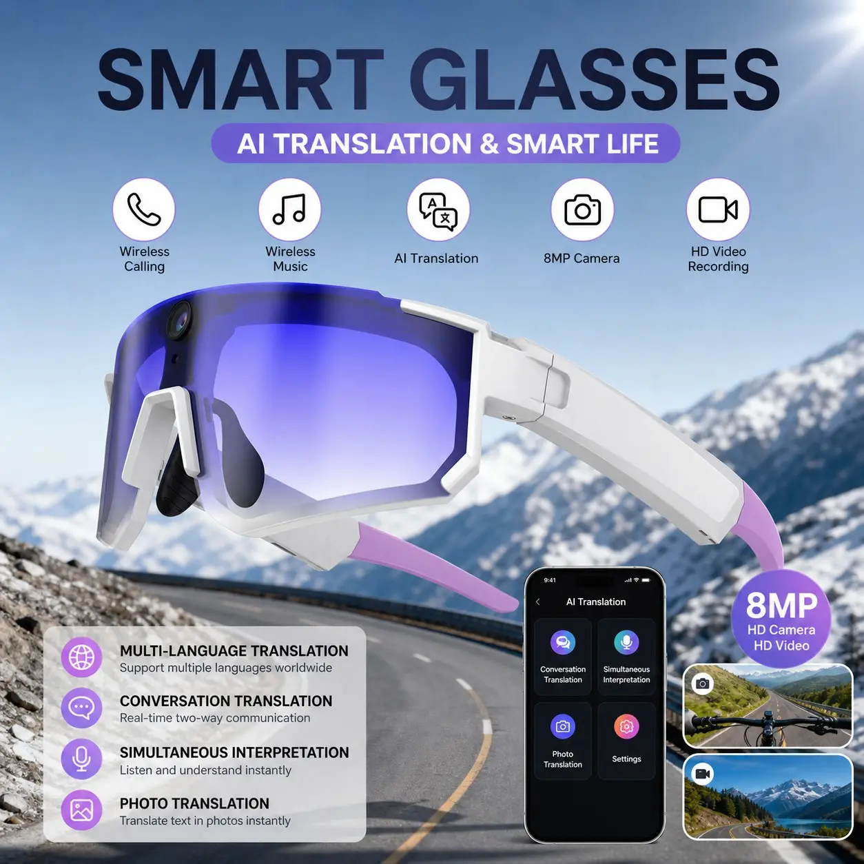 AI smart glasses equipped with an 8MP camera, high-definition video recording and EIS stabilization, wireless calling and music, real-time translation, AI voice assistant, 5.4 transmission, and lightweight activity glasses