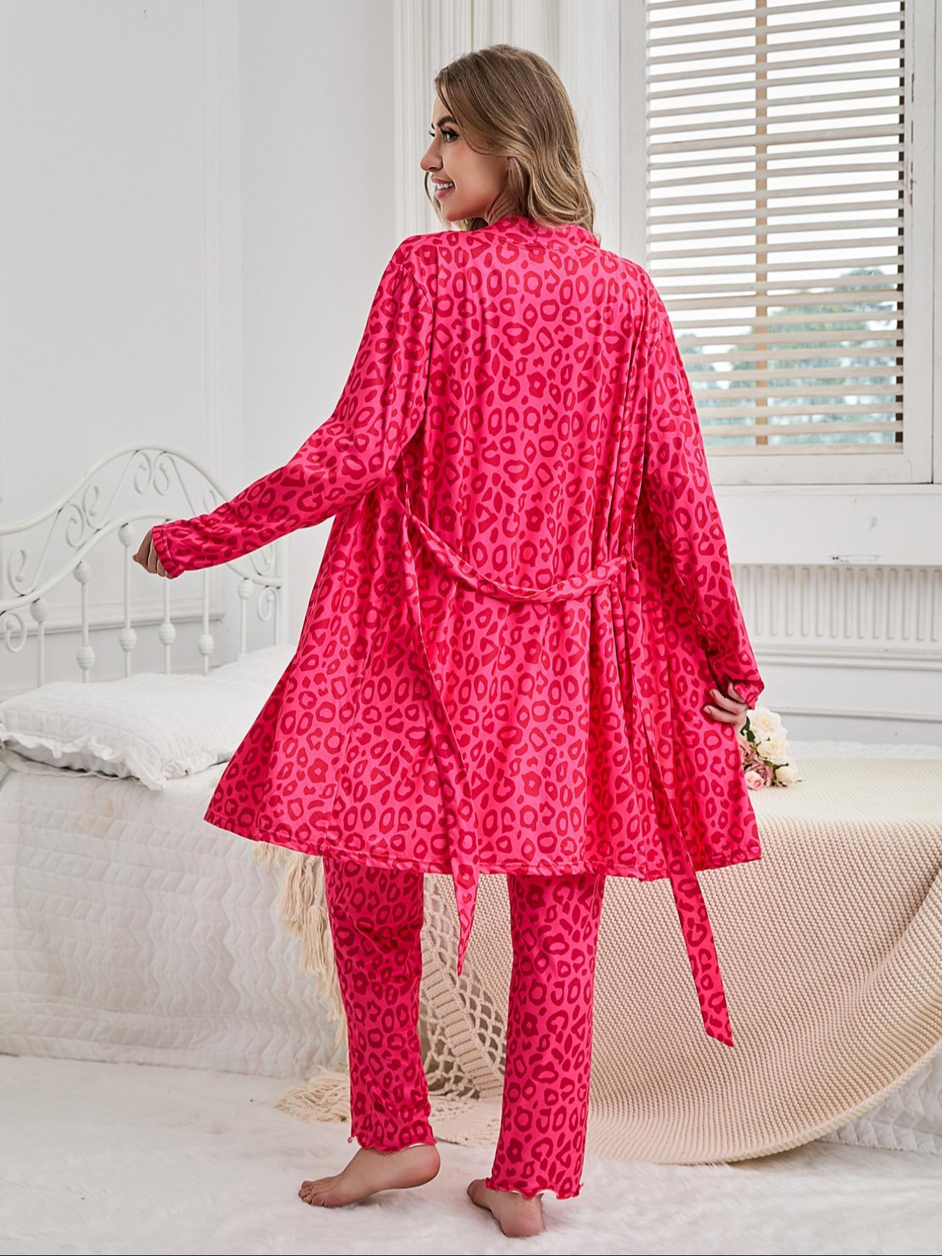 Women's All Over Leopard Print Long Sleeve Pajama Pyjamas Three-Piece Set, Casual Comfy Lounge Nightwear Set for Women, Comfy Loungewear Set for Daily Home Wear