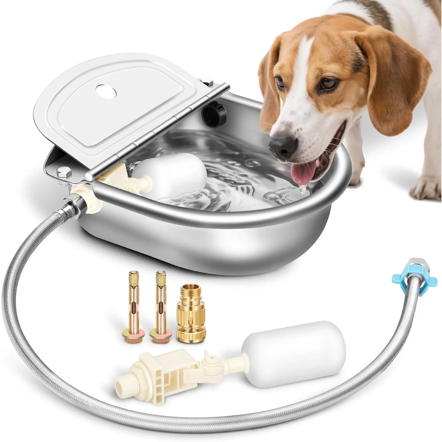 Automatic Animal Drinking Water Bowl with Float Valve Standard Pipe Stainless Steel Waterer Feeder Farm Dog Dispenser Kit Self Filling for Livestock Horse Goat Water Trough