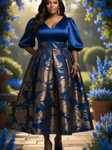 Plus Size Women's Spring Summer Bubble Sleeve Waist-Cropped Dress, Floral A-Line Skirt, Elegant Formal Wear for Parties and Weddings