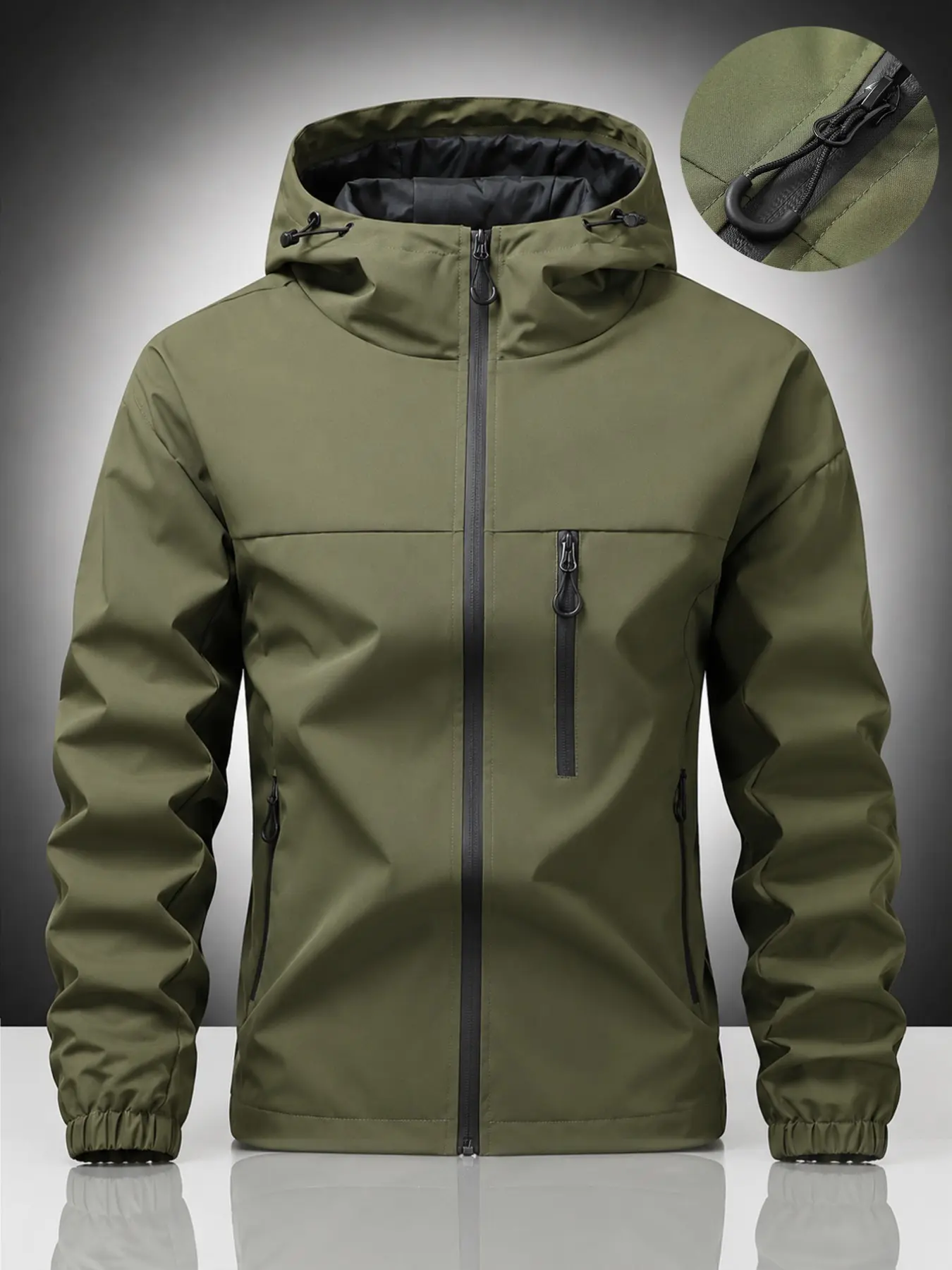 Men's Solid Color Hooded Outdoor Casual Comfy Jacket, Adjustable Drawstring Hood, Multiple Pockets, Secure Zipper, Loose Fit, Ideal for Commuting, Hiking, Camping