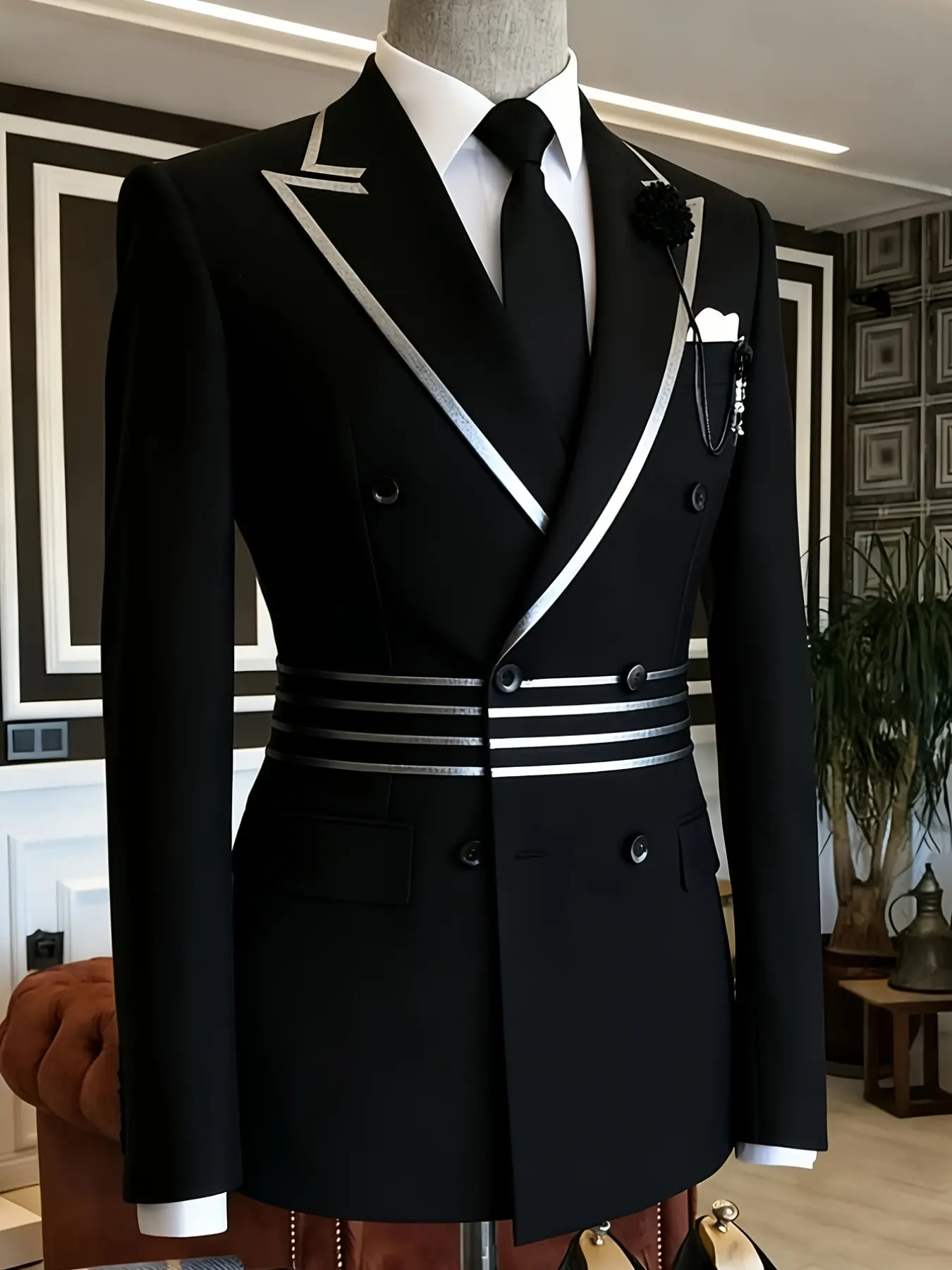 Ainwear Men Double Breasted Blazer, Silver Color Trim Notch Lapel, Waist Band Suit Jacket, Groom Wedding Party Outerwear