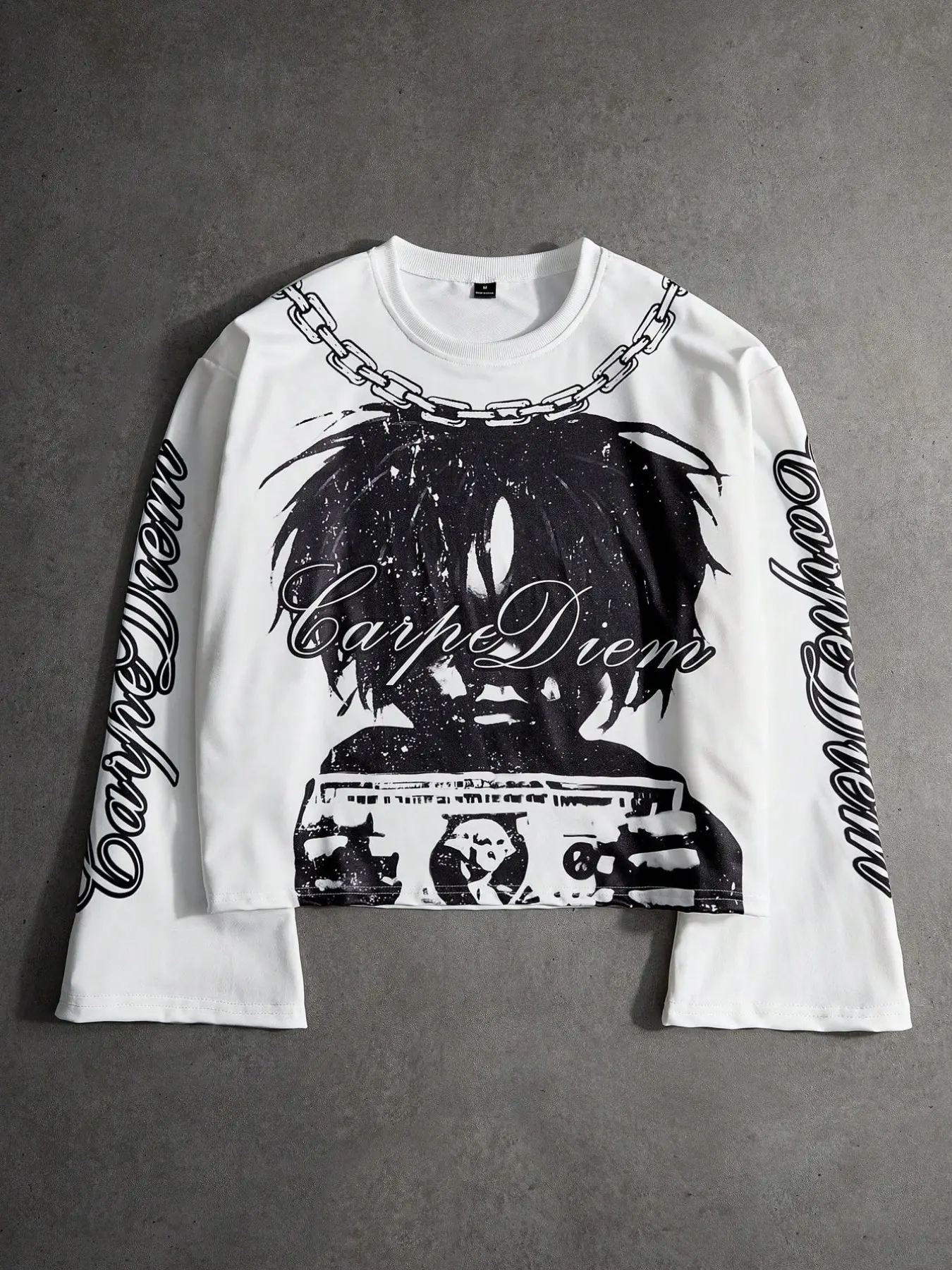 Men Vintage Carpe Diem Figure Chain Money Graphic T-Shirt, Cropped Long Sleeve Y2K Hip Hop Streetwear Top, Fashionable Men's Clothing