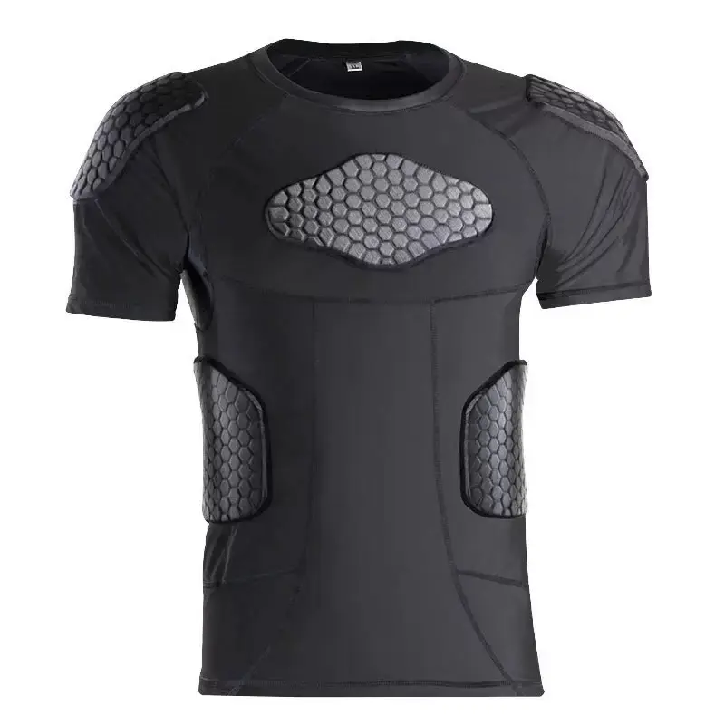 Men'S Padded Compression Shirt With Rib Chest Shoulder Waist Protector Short Sleeve Gear, Breathable Quick Dry Impact Shirt For Football Baseball Basketball Skateboarding Cycling Hockey Soccer, Black
