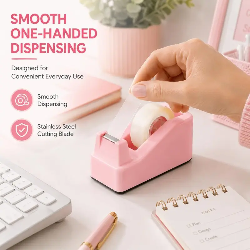 Cute Tape Dispenser for Desk, Weighted Non-Slip Base, One-Hand Tape Cutter, Pink Desk Accessories, Aesthetic Office Decor for Women, Students & Teachers(Tape not Included)