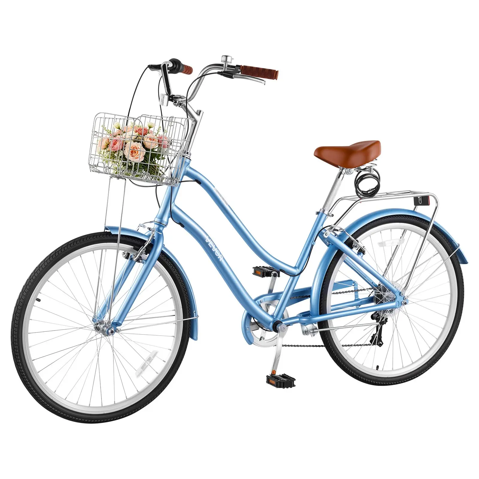 VEVOR Women Bike, 26 in Beach Cruiser Bike, 7-Speed Adult City Bicycle with Aluminum Alloy Frame, 330 lbs Capacity, Basket, Rear Rack Dual V-Brakes, Light Blue