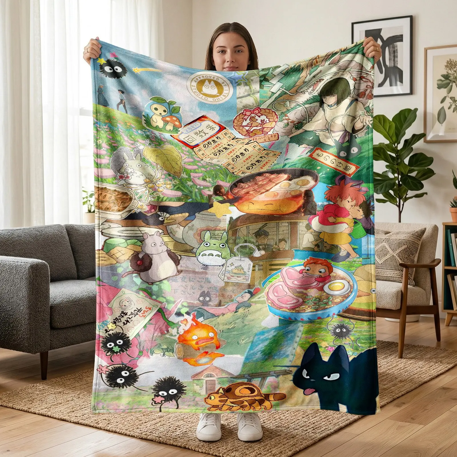 1pc Studio Ghibli Hayao Miyazaki Anime Collage Themed Fleece Blanket, full print Totoro, Chihiro, Ponyo, Jiji the black cat, soot sprites, Calcifer, Japanese food and Japanese text stickers, warm healing Japanese hand-drawn style. Soft warm comfortable na