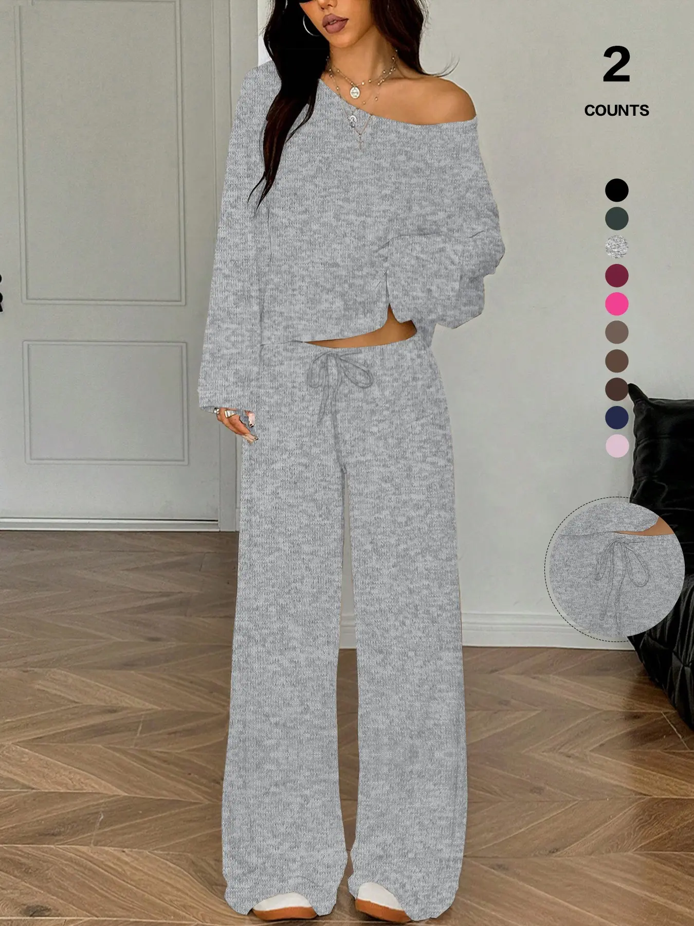 Lazy Relaxed Two Piece Matching, Drop Shoulder Bare Shoulder Crop Top, Long Sleeve, Loose-Fit Drawstring Pajama Set, Casual Style