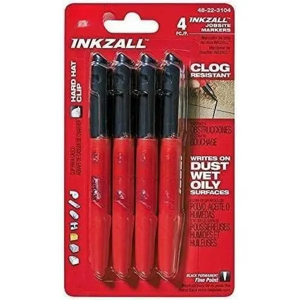 48-22-3104 Inkzall Fine Point Marker, Black, 4-Pack, Hard Hat Clip, Quick Dry, Clog Resistant, Durable Tip, Marking Tool for Hand Tool Users, Writes on Dusty, Wet and Oily Rough Surfaces, All-Season Accessory