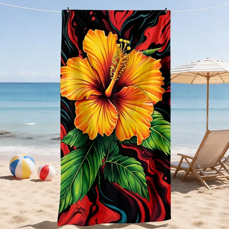 Tropical Hibiscus Beach Towel, Orange Yellow Floral Print, Absorbent and Sand Resistant with Soft Lightweight Comfort, Vacation Vibes for Beach, Pool and Travel, Gift for Women