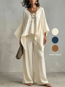 Solid V Neck Irregular Batwing Sleeve Two Piece Matching Set Loose Wide Leg Pants Elegant Women Outfit Clothes Holiday Daily Casual Wear