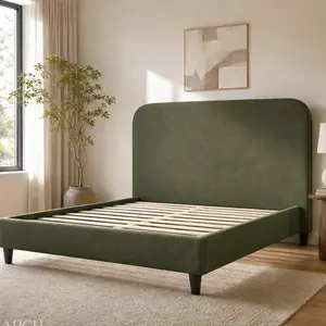 ARCH Queen Size Upholstered Bed Frame with Tall Curved Headboard, Modern Minimalist Style, Premium Circle Yarn Fabric, Sturdy Leg Support, MDF Construction, Green, No Box Spring Needed, Easy Assembly, Bedroom Furniture, Green Color Options