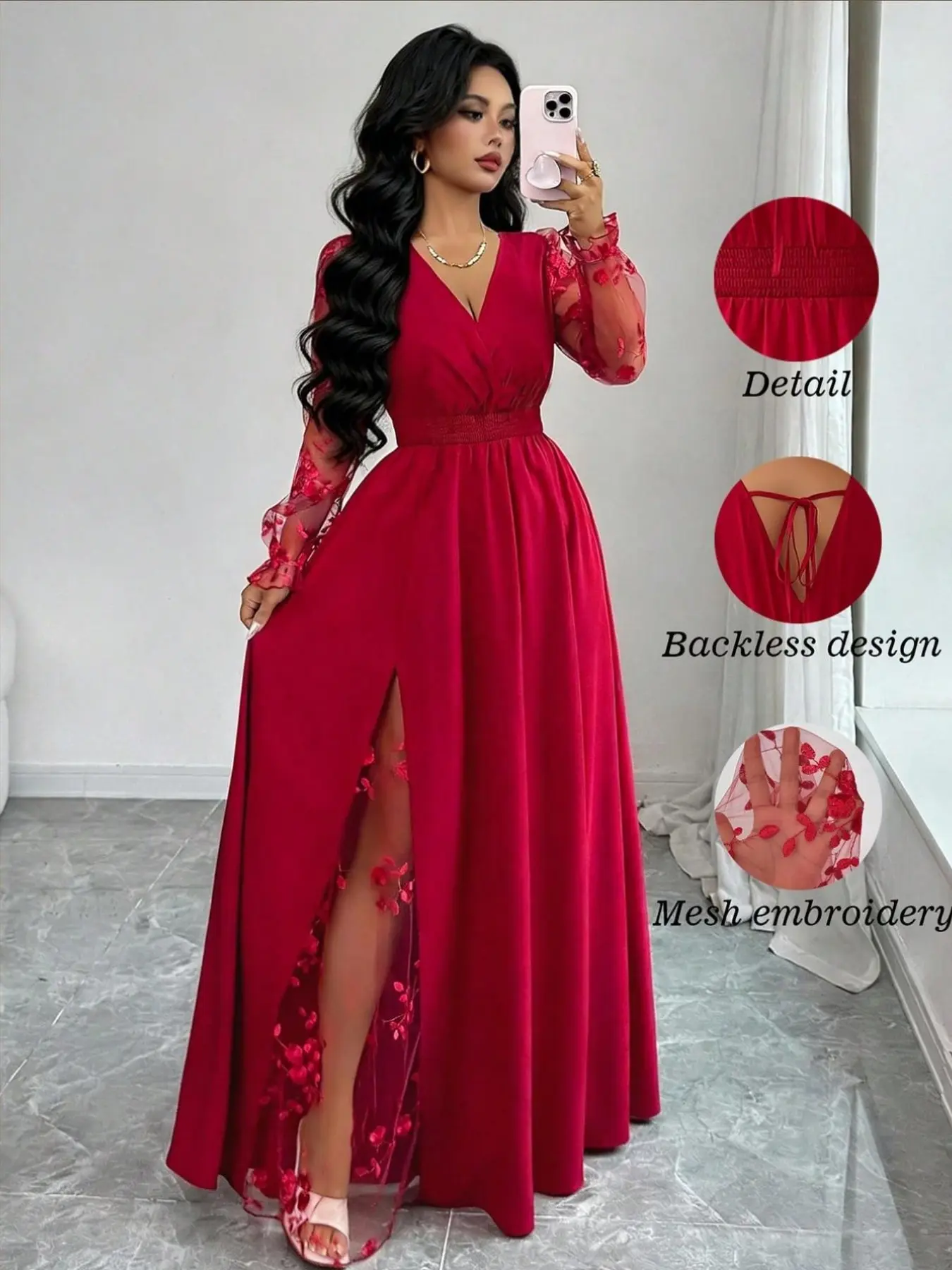 Luxurious Long Dress Women, Base with Lace Embroidery, V-Neck Waist Cinch, Back Tie Detail, Flowing Skirt, Elegant and Chic