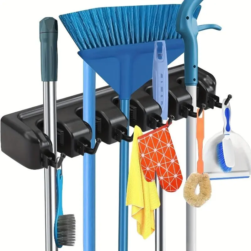 Wall-Mounted Broom and Mop Holder with 5 Clips & 6 Hooks, Multifunctional Organizer for Home, Garage, and Shed, Ideal Storage for Cleaning Tools