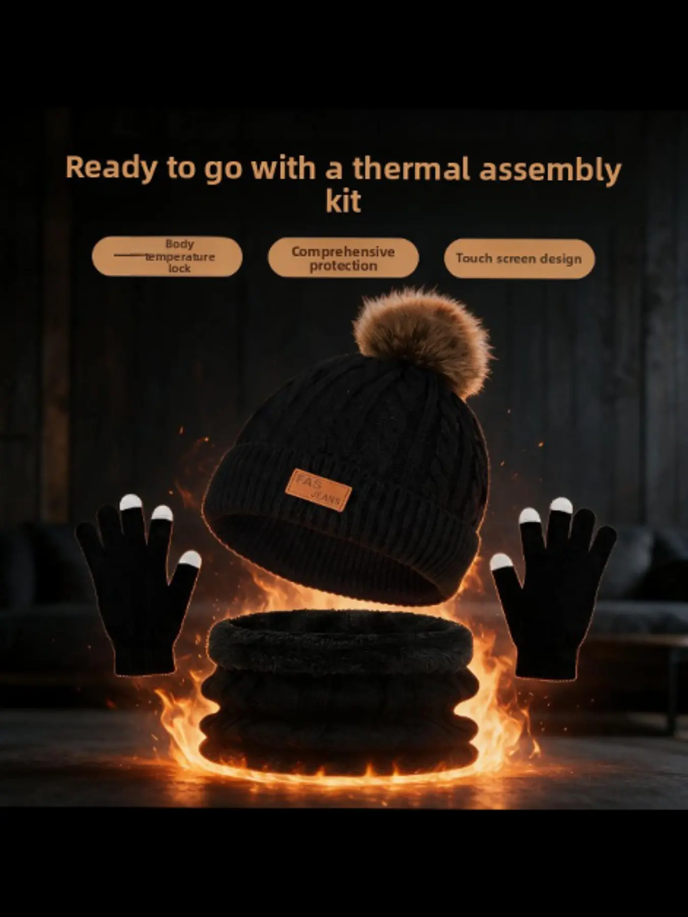Autumn Winter 3-Piece Set, Fuzzy Knit Hat + Touchscreen Gloves + Fleece Scarf, Outdoor Cold Weather Gear, Warm Accessories Bundle
