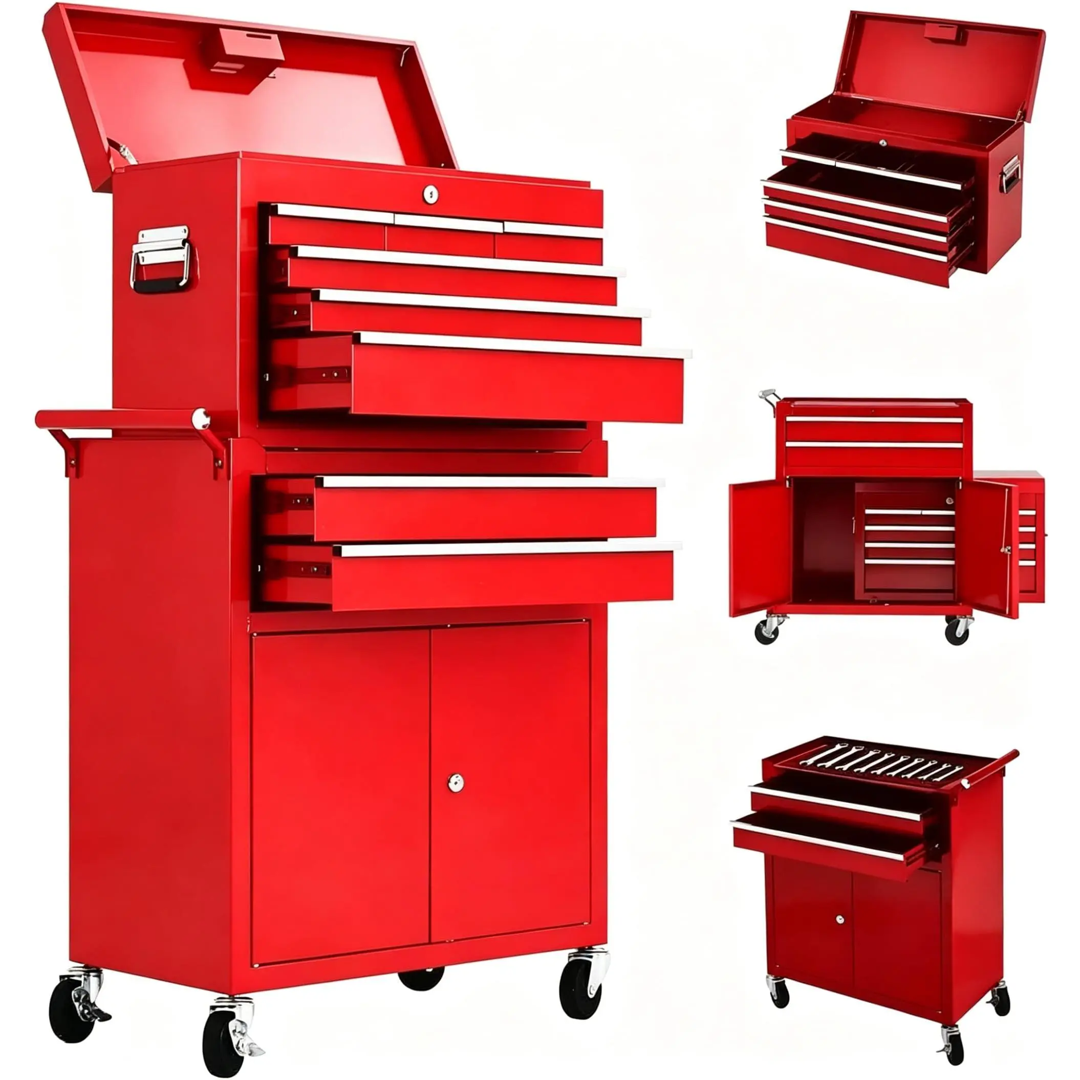 Garvee 24 Inch 8 Drawer Rolling Tool Chest Cart, 2 in 1 Detachable Tool Box Cabinet with Wheels, Professional Lockable Metal Storage Organizer with Portable Top Chest for Garage Workshop and Home Improvement