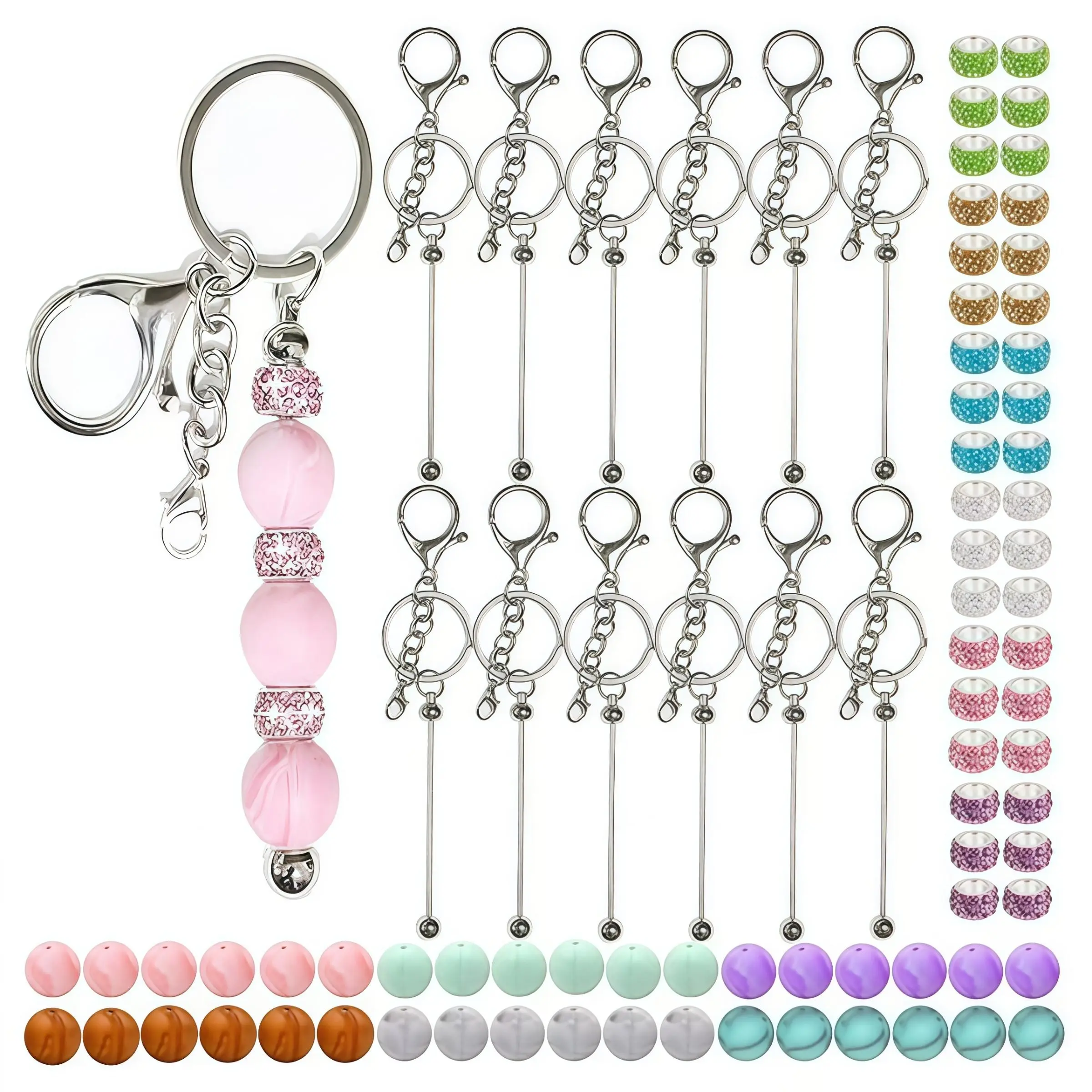 12 Sets Beaded Keychains with Adjustable Rods, Silicone Beads, Spacer Beads, DIY Keychain Kit, Perfect for Pendants, Crafts, Jewelry Making