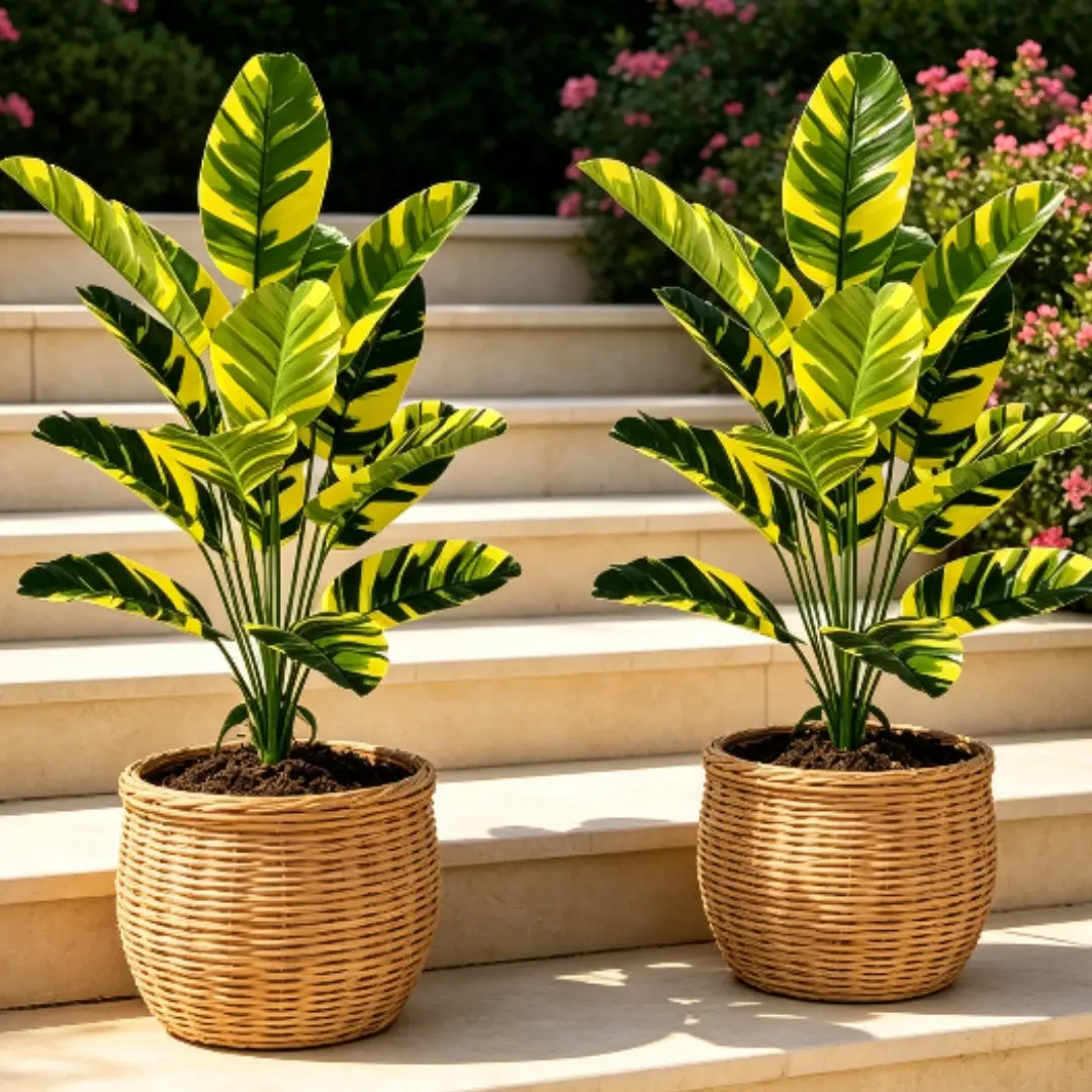 2-Pack Variegated Tropical Banana Plant Large High-Quality Artificial Variegated Bird of Paradise, Faux Musa Banana Tree Palm Plant for Home Office Decor, Low Maintenance, All Seasons