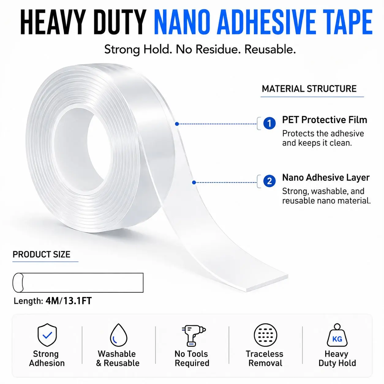 13.1ft Nano Tape, Dual-Sided Transparent Adhesive, Removable No-Trace, Strong Bonding for Art, Posters, Carpets, Wall Decor