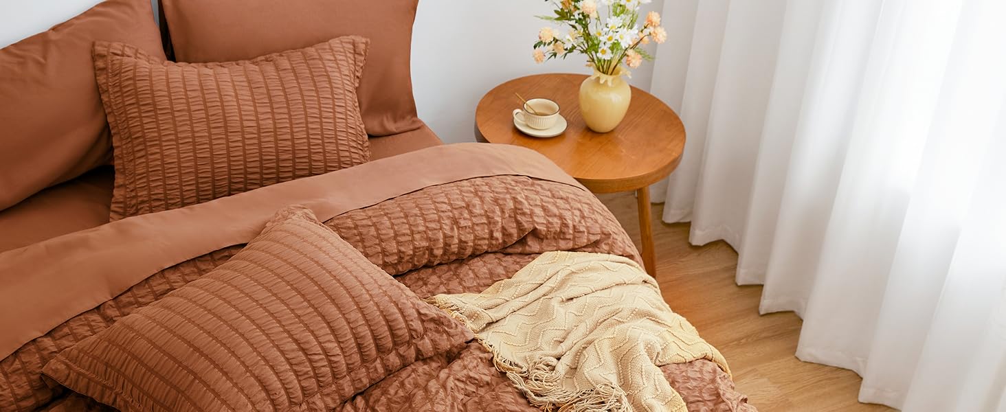 Seersucker Terracotta King Size Comforter 7,, King a Bag Comforter with Comforter, Flat Sheet, Sheet, Pillowcase and Pillow Sham