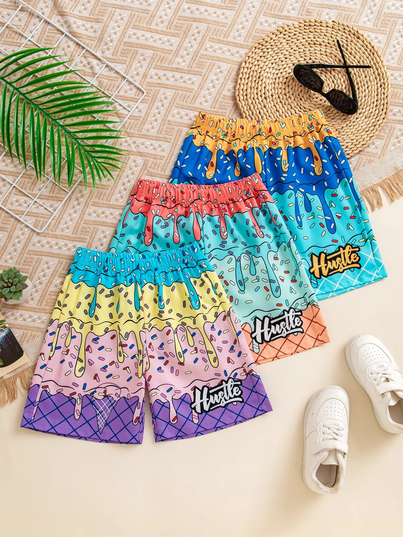Boys' Ice Cream Print Casual Graphic Loose Shorts Set, Elastic Waist Summer Shorts with Sugar Crystals & 'strive' Print, Daily Wear