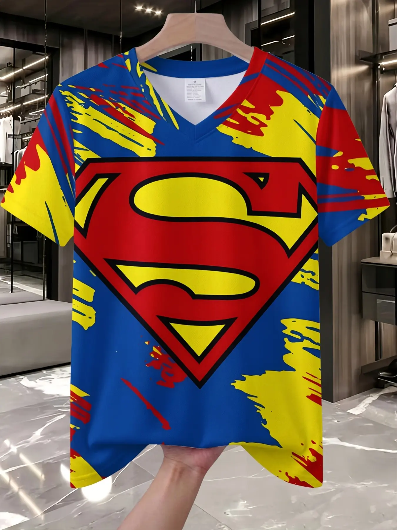 Superman V-Neck T-Shirt for Men and Women, Geometric Print, Casual Fitted Long Sleeve, Perfect for Fitness and Outdoor Activities