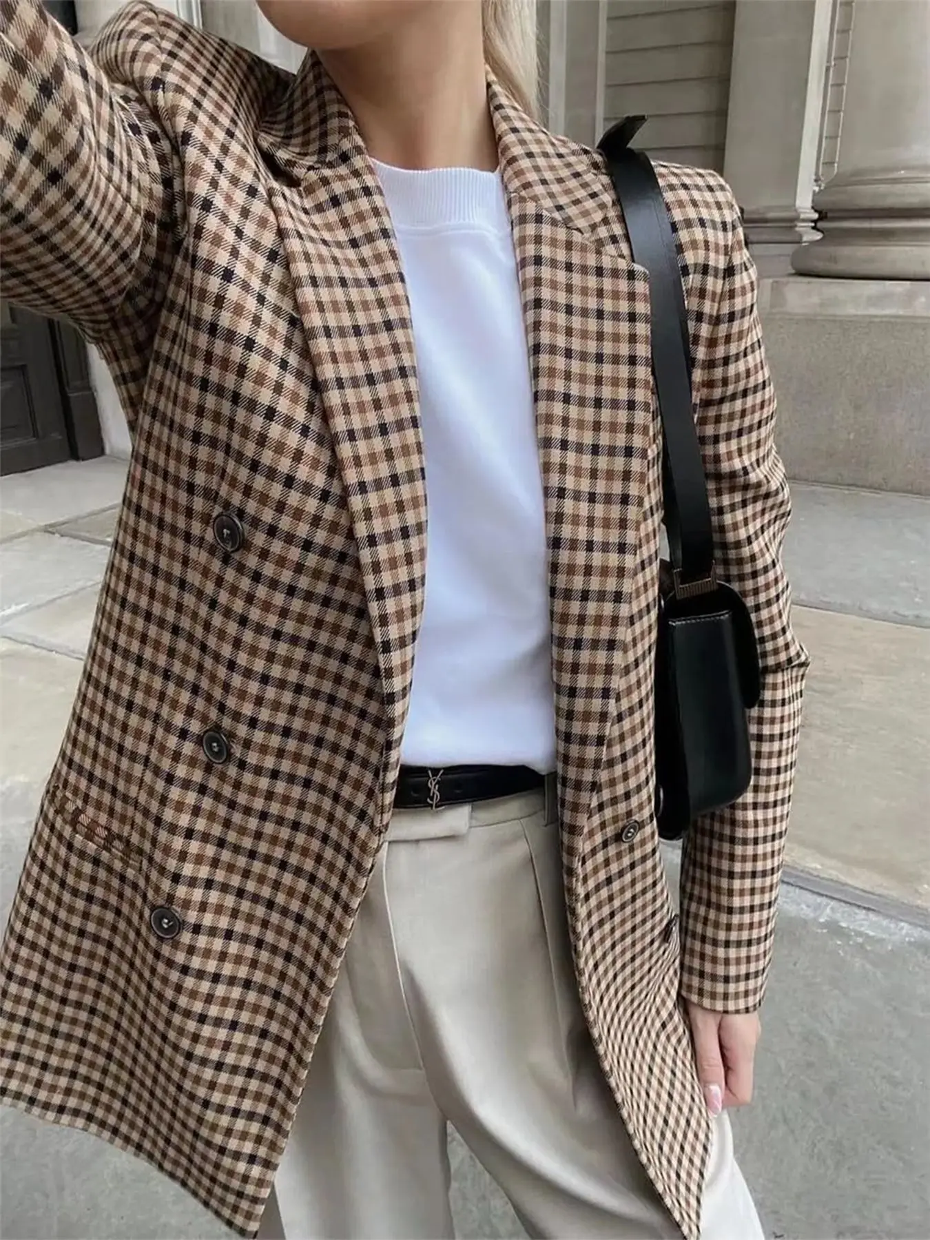 Vintage Plaid Notched Lapel Collared Long Sleeve Blazer for Women, Elegant Slim Fit Formal Commuter Workwear, Office Commute Outerwear, Professional Business Attire