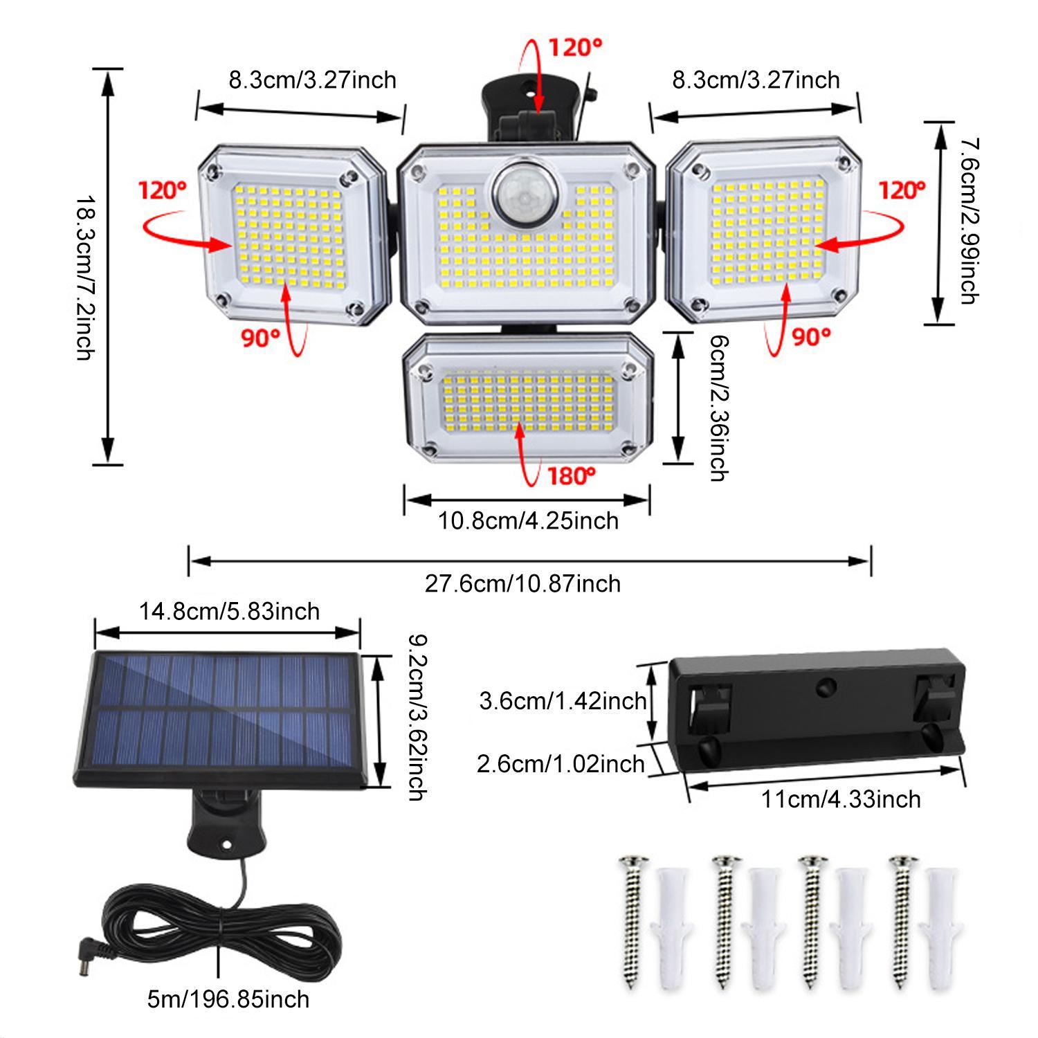 Solar Powered Outdoor Light, 4-head LED Motion Sensor Light with Remote Control, Waterproof Security Light for Front Door, Yard, Garage