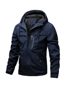 Men's Casual Hooded Jacket, Workwear Multi-Pocket Design, Slim-Fitting Fall Shorts, Plain Pattern, No Padding, Made in China