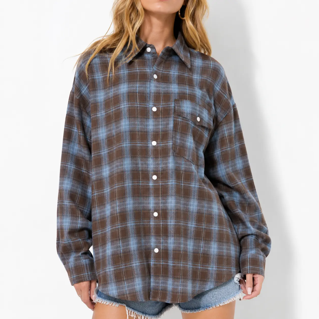 Women’s Cotton Blend Oversized Plaid Button-Down Shirt - Long-Sleeve Snap-Front Shacket, Drop Shoulder, Loose Fit, 1 Chest Pocket, Casual Fall Layering Top