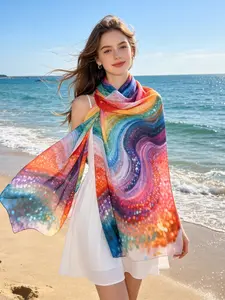 High-Quality 100% Viscose Geometric Print Scarf, Elegant Long Wrap Shawl, All-Season Warm Fashion Accessory, Ethnic Style Headscarf