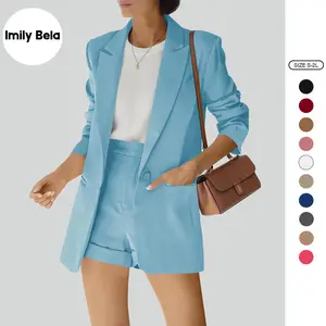 Imily Bela Women's 2-Piece Formal Suit Set - Chic, Minimalist Open Front Long Sleeve Polyester Blazer with Solid Short Pants and Matching T-Shirt